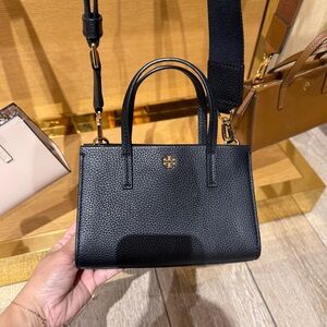 Tory Burch Black Pebbled Leather Mini Satchel with Gold Logo